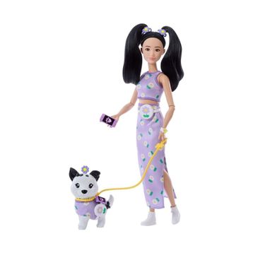 Barbie JFP39 Oyuncak Uyumlu Dostlar Siyah Saçlı Bebek ve Köpeği