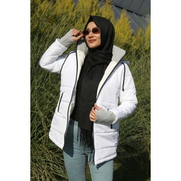 Barbora 805 Kışlık Kapüşonlu Uzun Şişme Beyaz Kadın Mont