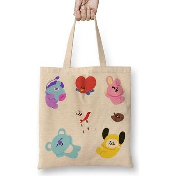Baskı Dükkanı Bts BT21 01 Bez Uzun Saplı Krem Rengi Çanta