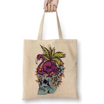 Baskı Dükkanı Caveira Tropical Flamingo Skull Bez Çanta