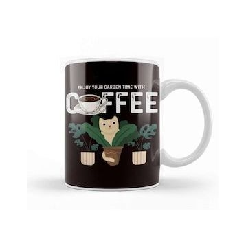Baskı Dükkanı Enjoy Garden With Coffee Plants Cat Gardening Planting Lawn Porselen Beyaz Kupa Bardak