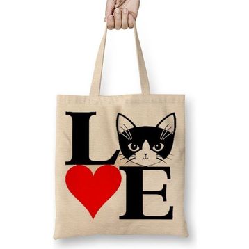 Baskı Dükkanı I Lowe Kedi Seni Seviyorum Kedi Bez Uzun Saplı Krem Rengi Çanta
