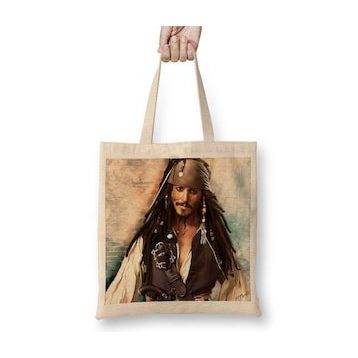 Baskı Dükkanı Jack Sparrow Bez Uzun Saplı Krem Rengi Çanta