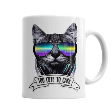 Baskı Dükkanı KB2712 Too Cute To Care Cat Kedi Dj Porselen Kupa Bardak