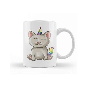 Baskı Dükkanı Kitten Cat Unicorn Pixel Art Kupa