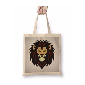 Baskı Dükkanı Lion Head Mascot Logo Bez Uzun Saplı Krem Rengi Çanta