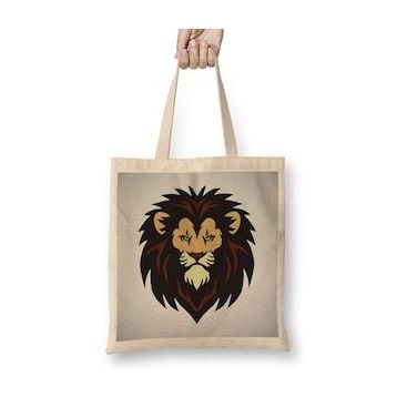 Baskı Dükkanı Lion Head Mascot Logo Bez Uzun Saplı Krem Rengi Çanta