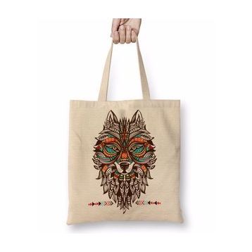 Baskı Dükkanı Lobo Tribal Bez Uzun Saplı Krem Rengi Çanta