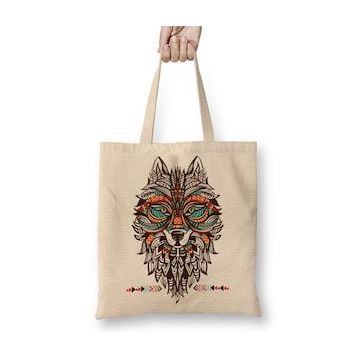 Baskı Dükkanı Lobo Tribal Bez Uzun Saplı Krem Rengi Çanta