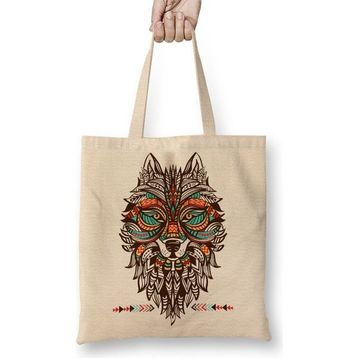 Baskı Dükkanı Lobo Tribal Bez Uzun Saplı Krem Rengi Çanta