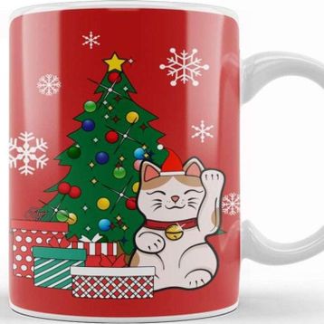 Baskı Dükkanı Lucky Cat Around The Christmas Tree Kupa