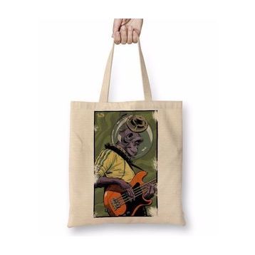 Baskı Dükkanı Monkey Bass Müzik Gitar Maymun Bez Uzun Saplı Krem Rengi Çanta