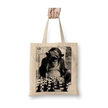 Baskı Dükkanı Monkey Chess Maymun Santranç Bez Uzun Saplı Krem Rengi Çanta