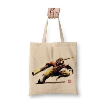 Baskı Dükkanı Monkey King Sun Wukong Action Bez Uzun Saplı Krem Rengi Çanta