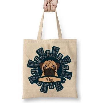 Baskı Dükkanı Pug Köpek Bez Uzun Saplı Krem Rengi Çanta