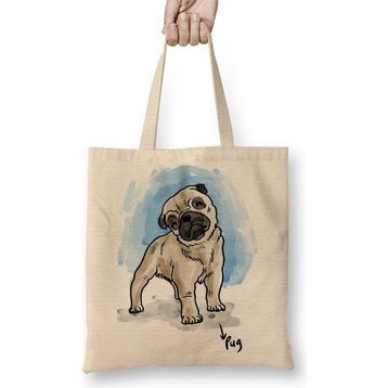 Baskı Dükkanı Pug Köpek Bez Uzun Saplı Krem Rengi Çanta