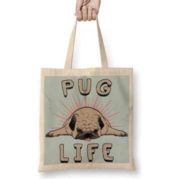 Baskı Dükkanı Pug Life Köpek Bez Uzun Saplı Krem Rengi Çanta