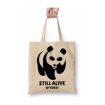 Baskı Dükkanı Still Alive Panda Bez Uzun Saplı Krem Rengi Çanta