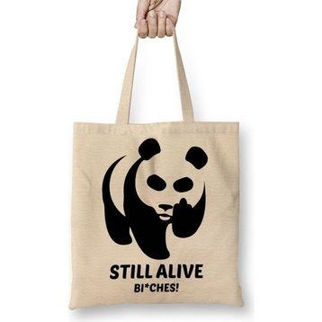 Baskı Dükkanı Still Alive Panda Bez Uzun Saplı Krem Rengi Çanta