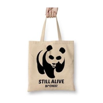 Baskı Dükkanı Still Alive Panda Bez Uzun Saplı Krem Rengi Çanta