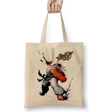 Baskı Dükkanı Street Fighter Ryu Bez Uzun Saplı Krem Rengi Çanta