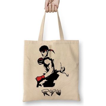 Baskı Dükkanı Street Fighter Ryu Bez Uzun Saplı Krem Rengi Çanta