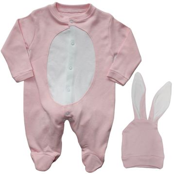 Bebegen Beyaz Ponponlu Şapkalı Pembe Tavşan Bebek Tulum