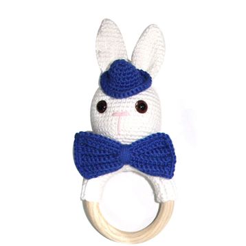Bebegen Büyük Mavi Şapkalı Beyaz Tavşan Amigurumi Çıngırak