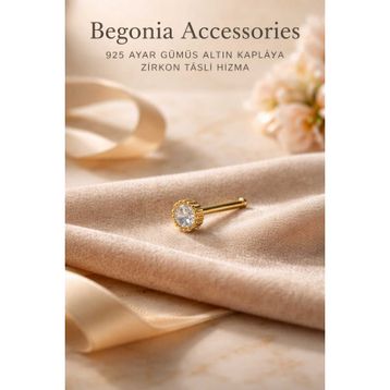 Begonia Accessories 925 Ayar Gümüş Zirkon Taşlı Gold Tek Taş Tırnaklı Hızma Piercing
