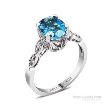 Bella Gloria GPY0024 Altın Kaplamalı Mavi Topaz Tektaş Pırlanta Yüzük