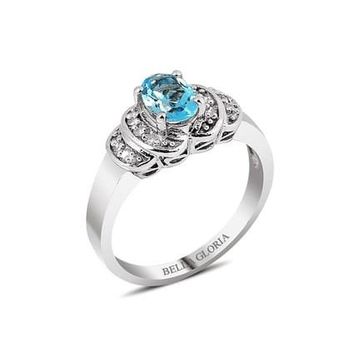 Bella Gloria GPY0026 Altın Kaplamalı Mavi Topaz Tektaş Pırlanta Yüzük