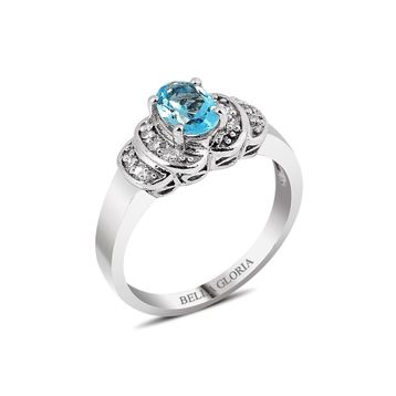 Bella Gloria GPY0026 Altın Kaplamalı Mavi Topaz Tektaş Pırlanta Yüzük