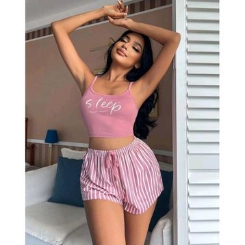 Beruflic 9002 Kadın Pembe çizgili desen Askılı Şortlu Pijama Takım