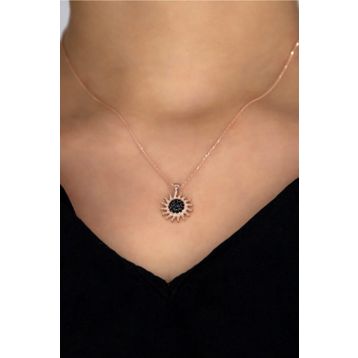 Bess Silver ATLKL1190 925 Ayar Rose Siyah Taşlı Güneş Gümüş Kolye