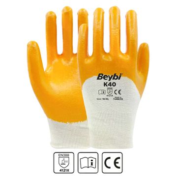 Beybi K40 No: 10 100 Çift Nitril Kaplı Pamuk ve Polyester Örgü Eldiven
