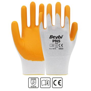Beybi Nitril Pmk Pn5 EN388 3121X Beyaz Sarı Örme Polyoster Nitril 9 Beden 12'li Paket Eldiven