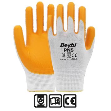 Beybi Nitril Pmk Pn5 EN388 3121X Beyaz Sarı Örme Polyoster Nitril 9 Beden 12'li Paket Eldiven