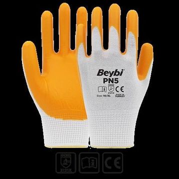 Beybi Nitril Pmk Pn5 EN388 3121X Beyaz Sarı Örme Polyoster Nitril 9 Beden 12'li Paket Eldiven