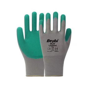 Beybi PL17 10 Beden Gri-Yeşil 12'li Paket Legend Polyester Örme Lateks Eldiven