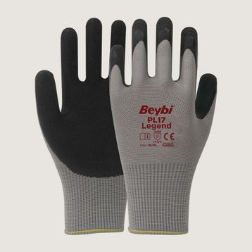 Beybi PL17 9 Beden Gri Siyah 12'li Paket Legend Polyester Örme Lateks Eldiven