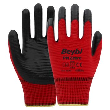 Beybi PN No: 9 Koli 288 Çift Zebra Kırmızı Polyester Örme Nitril Eldiven