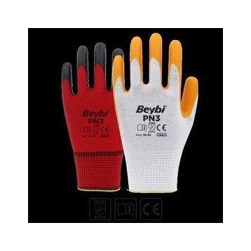 Beybi PN3 Beyaz Sarı 10 12'li Polyester Örme Nitril Eldiven