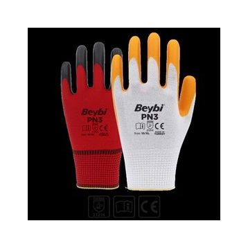 Beybi PN3 Beyaz Sarı 10 12'li Polyester Örme Nitril Eldiven