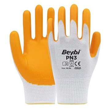 Beybi PN3 Beyaz Sarı 12'li Paket 10 Beden Polyester Örme Nitril Eldiven