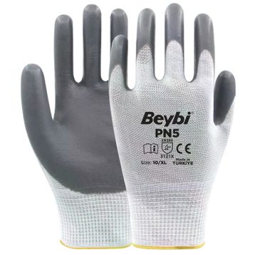 Beybi PN5 No: 9 100 Çift Gri Polyester Örme Nitril Eldiven