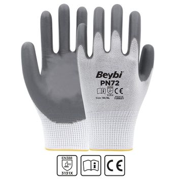 Beybi PN5 No:10 Beyaz Gri Koli Polyester Örme Nitril Eldiven