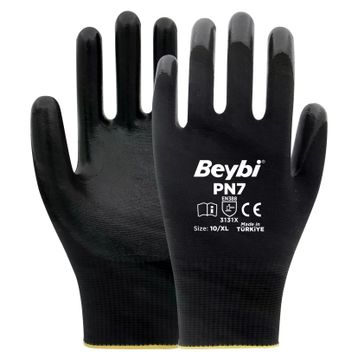Beybi PN7 No: 9 100 Çift Siyah Polyester Örme Nitril Eldiven