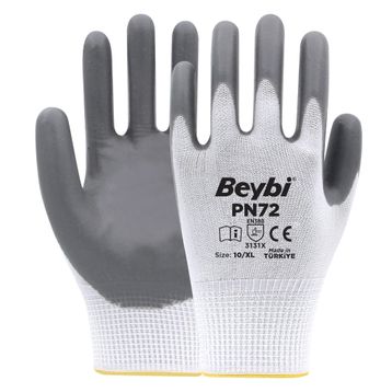 Beybi PN72 No: 9 12 Çift Gri Polyester Örme Nitril Eldiven