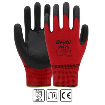 Beybi PN75 Polyester Örme NO:9 Kırmızı Koli Nitril Eldiven