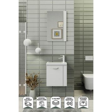 Biani Fix Minila 45 cm Seramik Lavabolu Aynalı MDF Mat Beyaz Banyo Dolabı